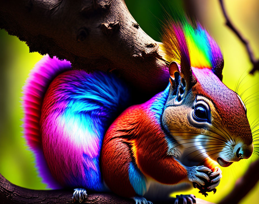 Vibrant multicolored squirrel on tree branch