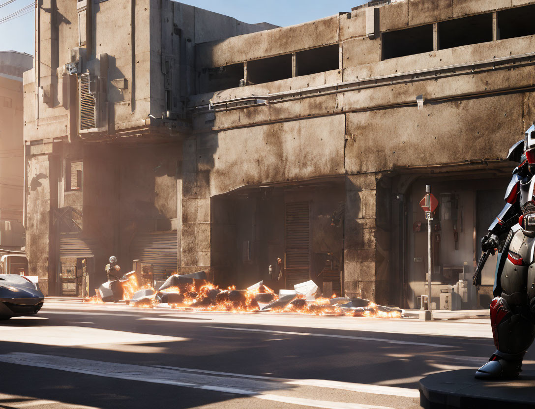 Futuristic soldier in armor observes burning street barricade and hovering car in urban setting