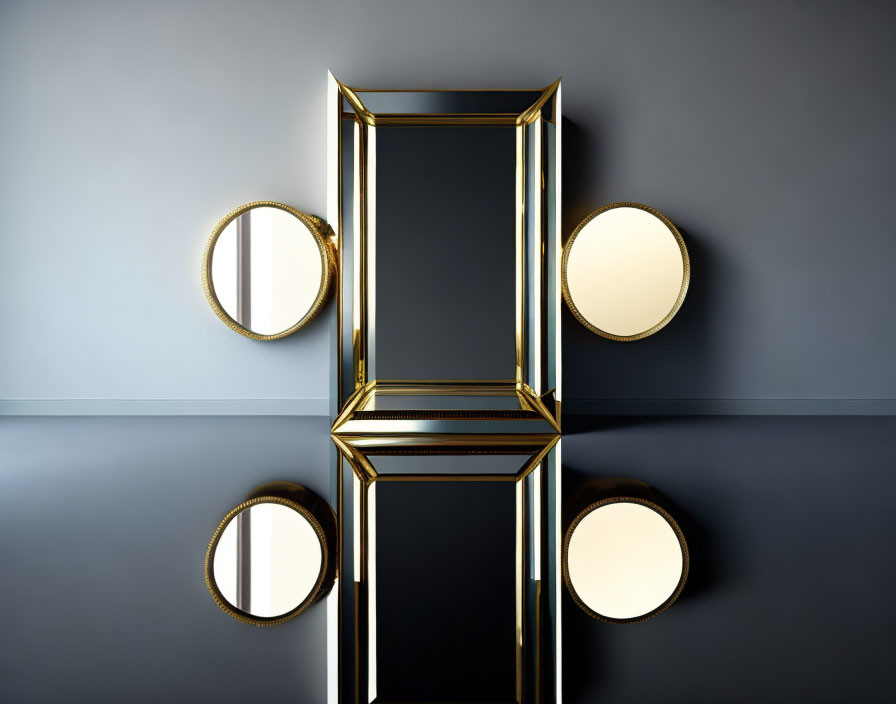 Modern golden-framed mirrors on gray wall with circular and rectangular shapes.