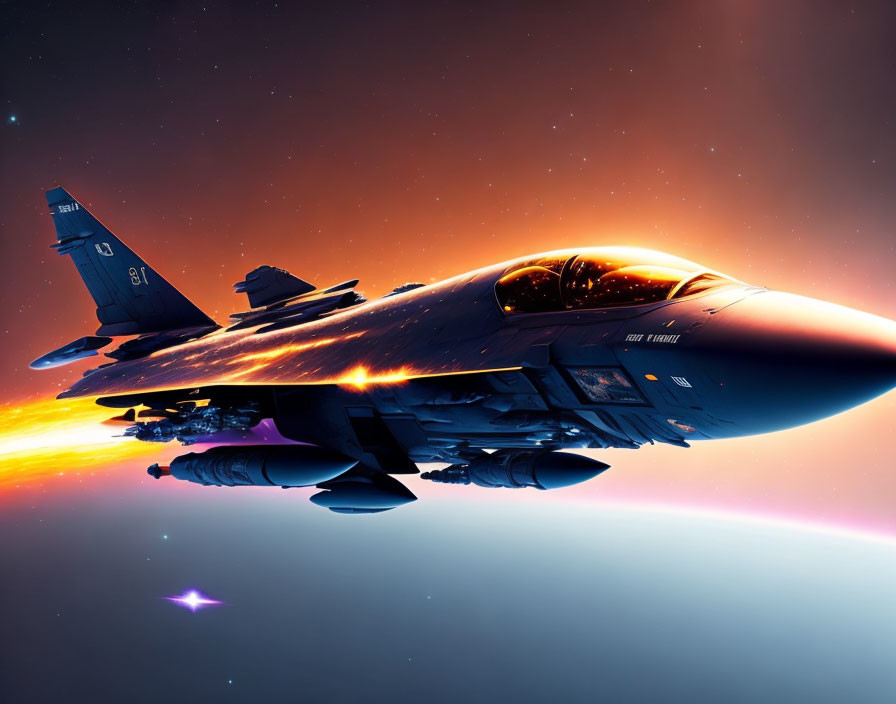 Military fighter jet flying in Earth's atmosphere with space backdrop and vibrant sunrise.