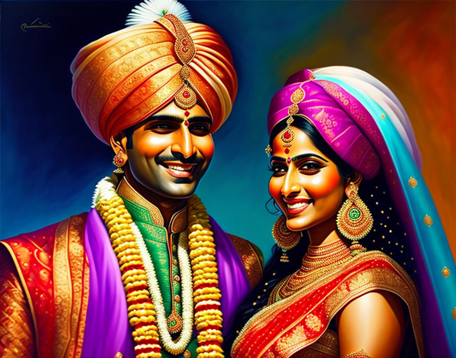 Indian bride and groom in traditional wedding attire with vibrant colors and intricate jewelry.
