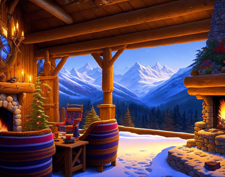 Warm Fireplace in Cozy Cabin with Snowy Mountain View