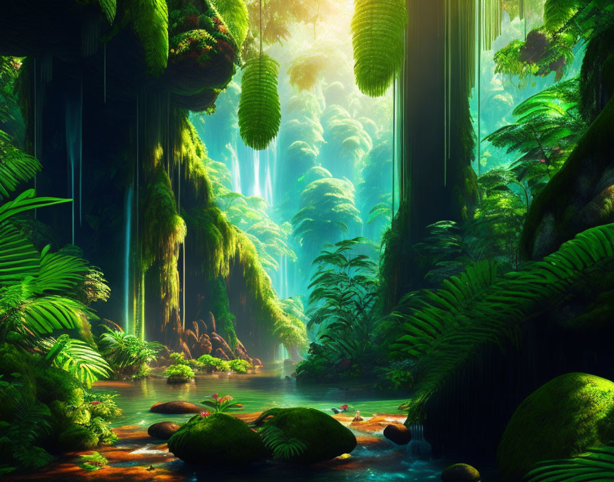 Tranquil tropical forest with greenery, waterfalls, moss-covered rocks, and a river