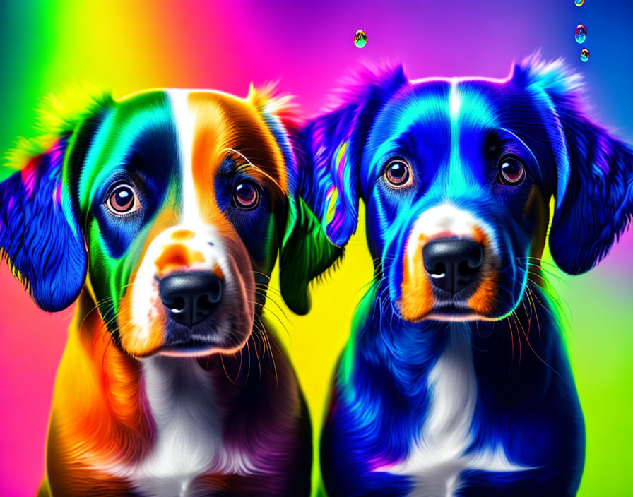 Vibrantly colored dogs on neon rainbow background