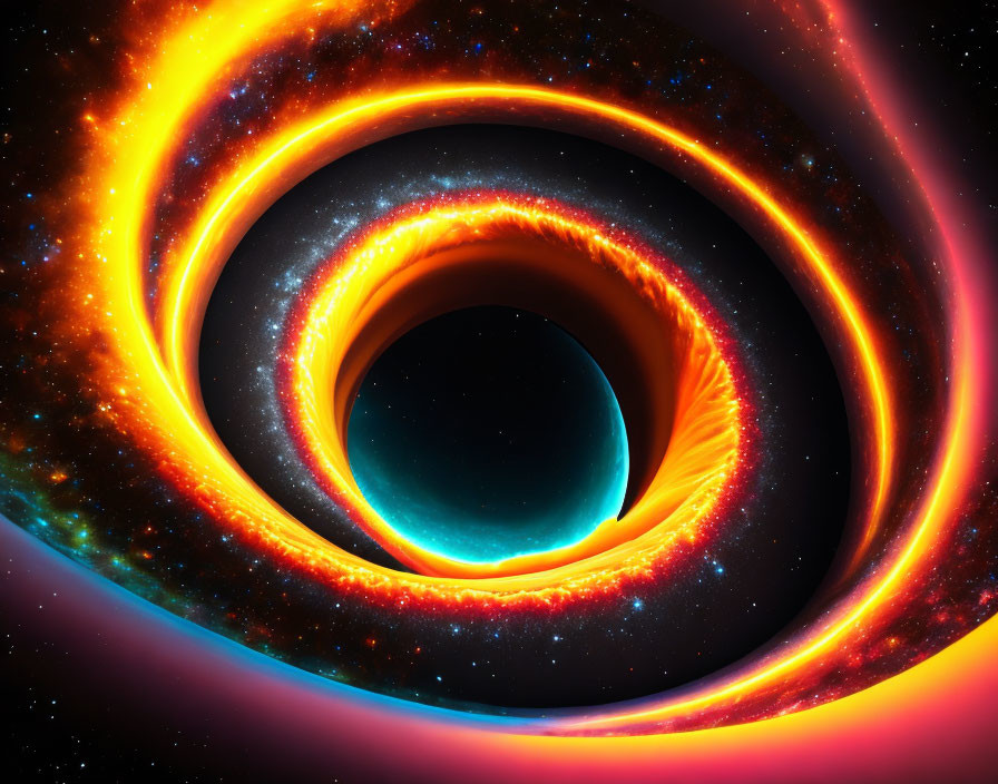 Colorful digital depiction of swirling black hole with fiery accretion disks.