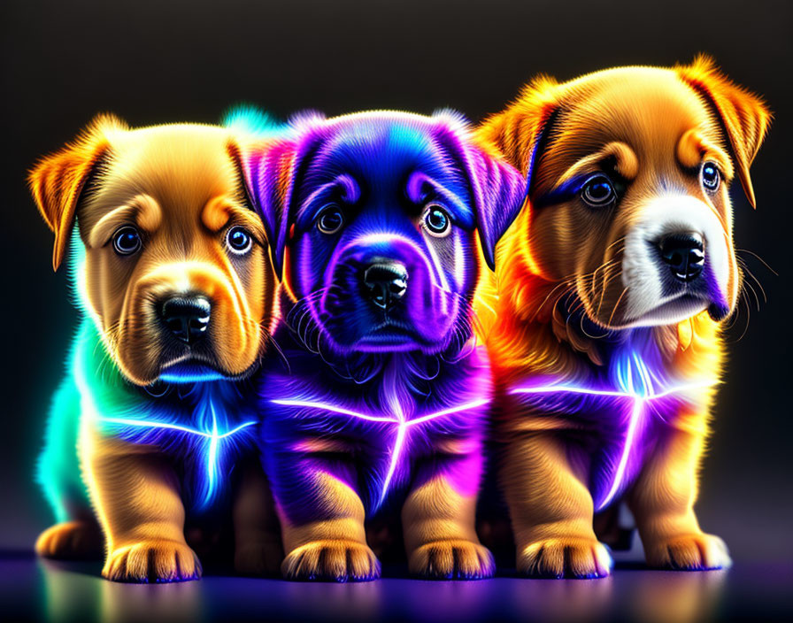 Three neon-colored puppies on dark background with whimsical, glowing outlines