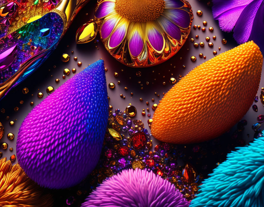 Colorful Textured Objects and Glistening Beads in Abstract Composition