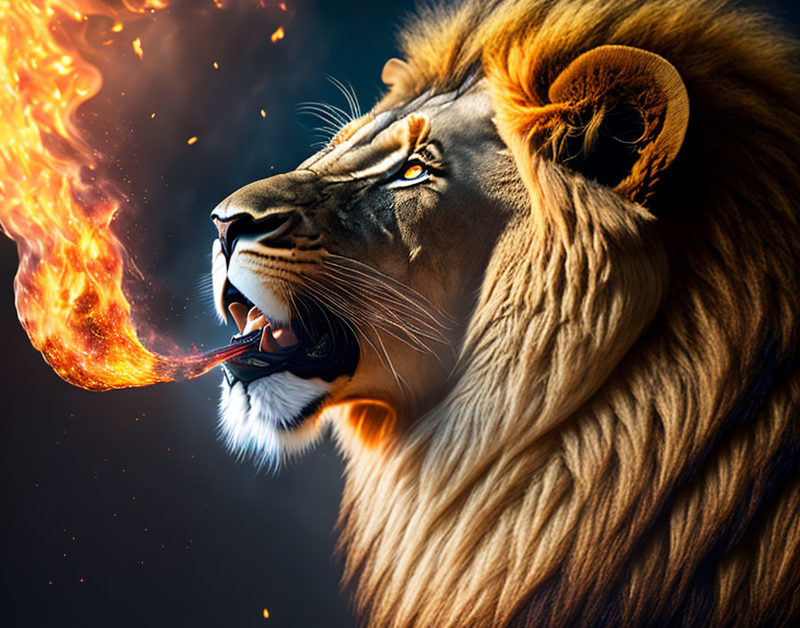 Majestic lion with luxuriant mane breathing intense flames against dark background