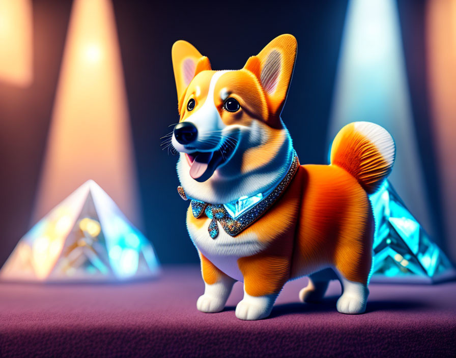 Sparkling Blue Collar Animated Corgi with Glowing Crystals