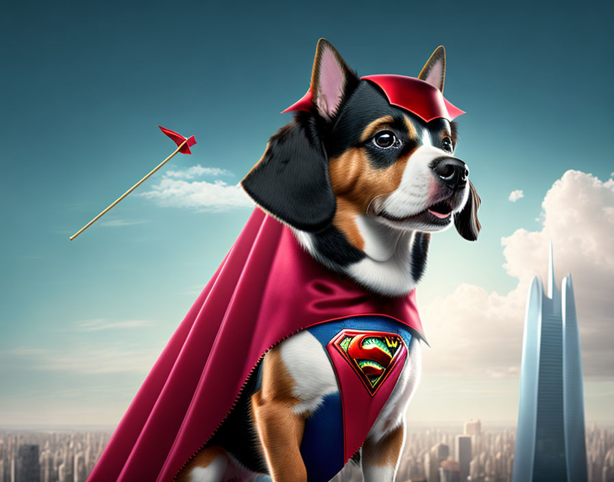 Heroic Dog in Superman Costume Stands in Cityscape