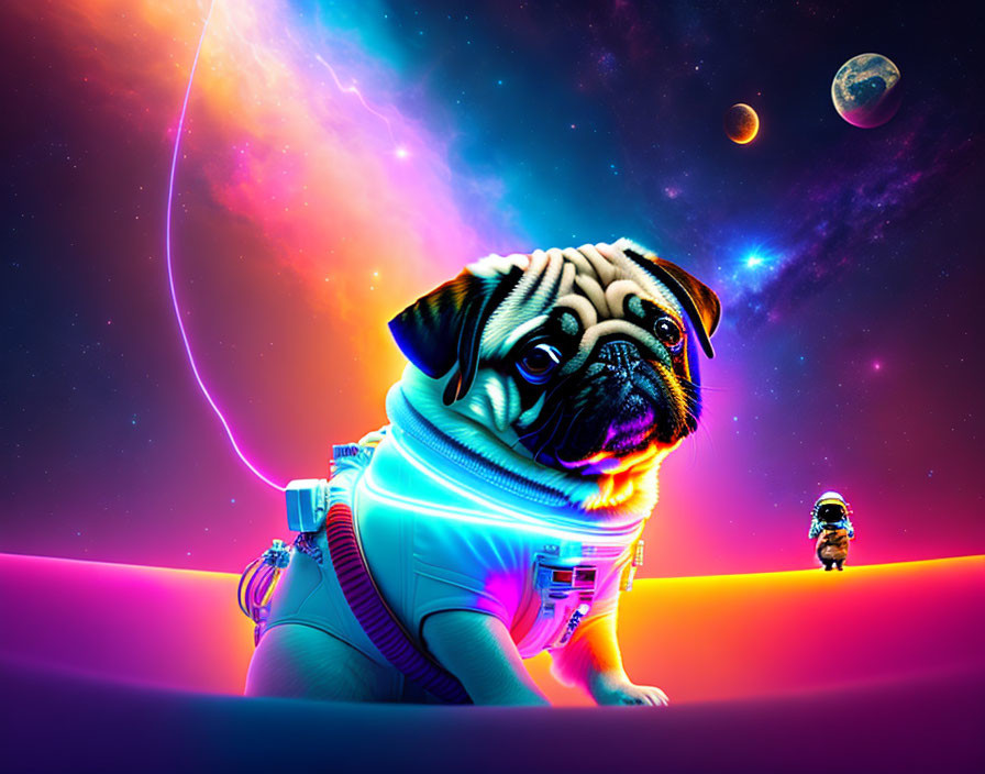 Pug in Spacesuit with Cosmic Nebulas and Astronaut