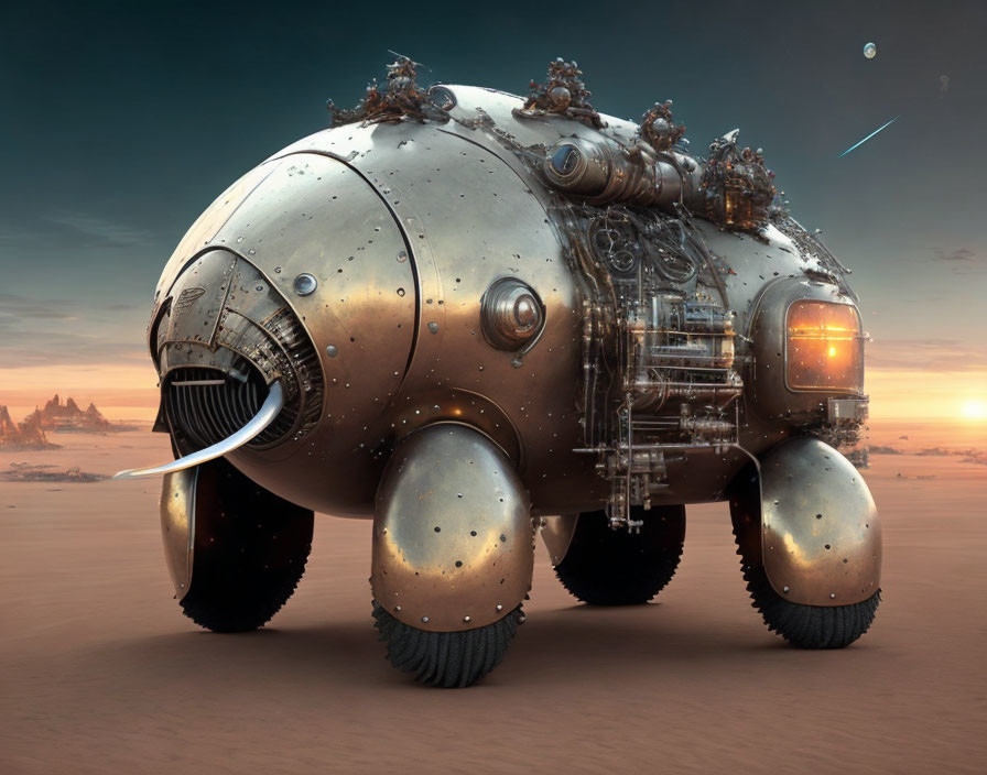 Robust metal spherical vehicle in desert landscape with ruins and two moons