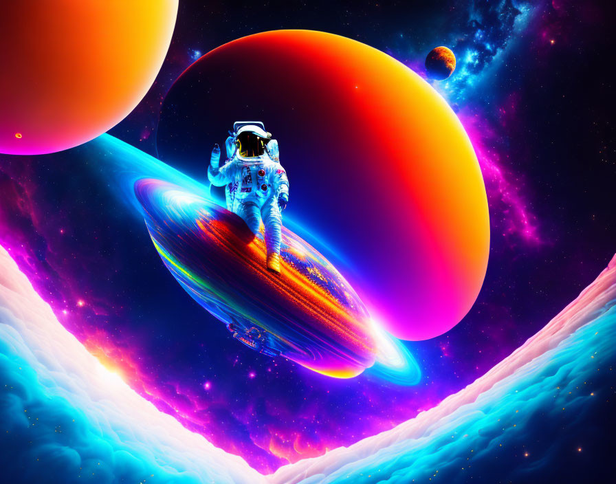 Astronaut surfing on cosmic wave amidst vibrant planets