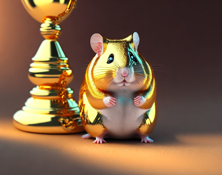 Digitally created hamster with tiger-like stripes and golden trophy on warm background