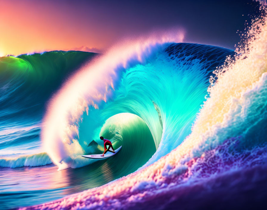 Surfer riding vibrant blue wave under picturesque sunset