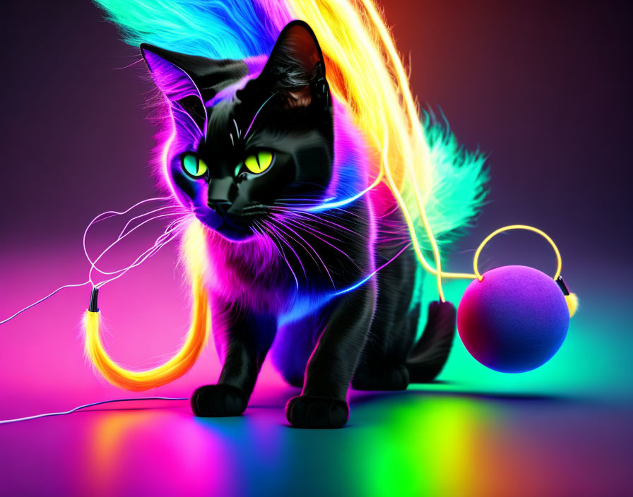 Black Cat with Neon-Colored Fur and Glowing Purple Ball on Colorful Background