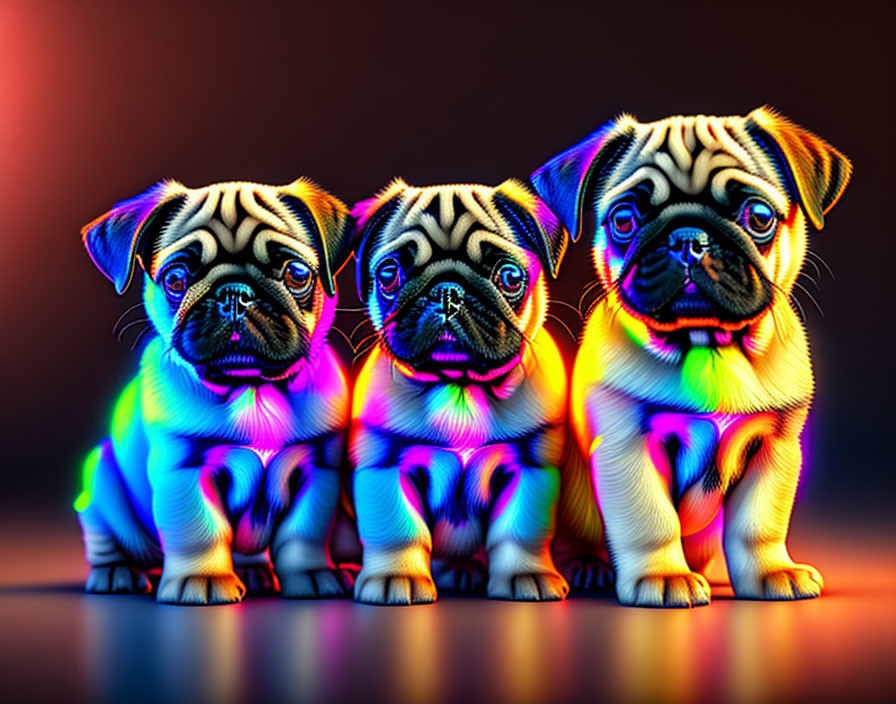 Vibrant neon-lit pug puppies on dark background