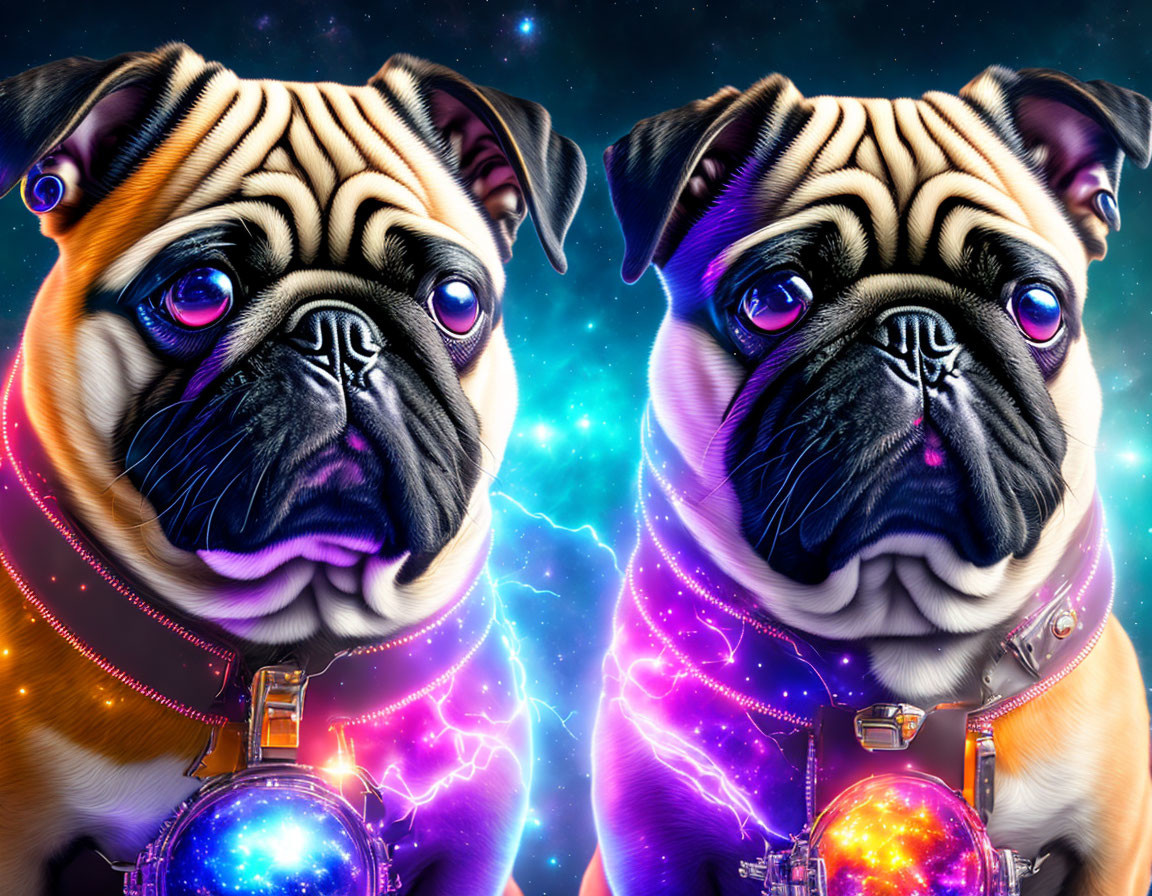 Stylized pugs in futuristic space suits on cosmic backdrop