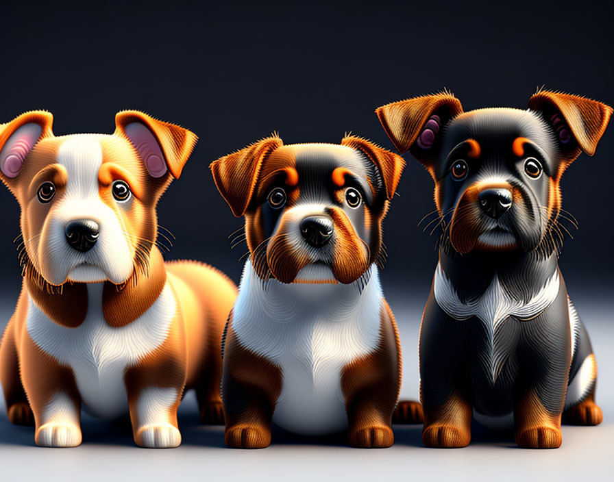 Three animated puppies with expressive eyes and shiny coats in brown, white, and black colors sitting together.