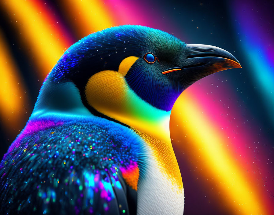 Colorful Bird with Blue Head and Iridescent Feathers on Neon Background