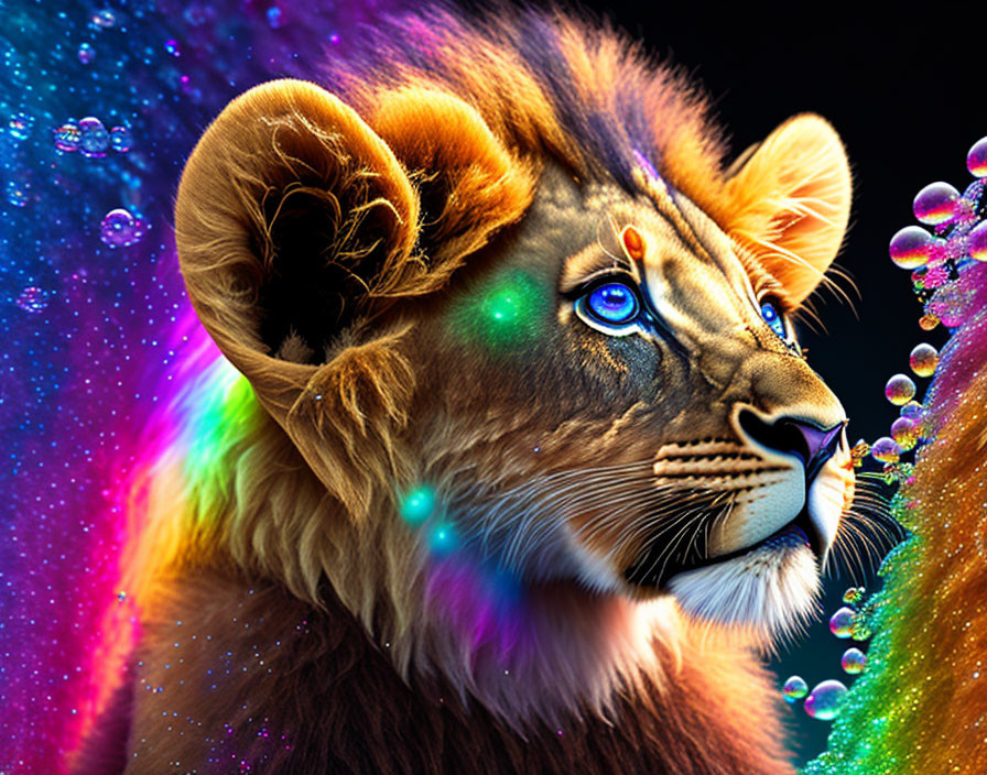 Colorful Portrait of a Lion with Neon Hues and Bubbles