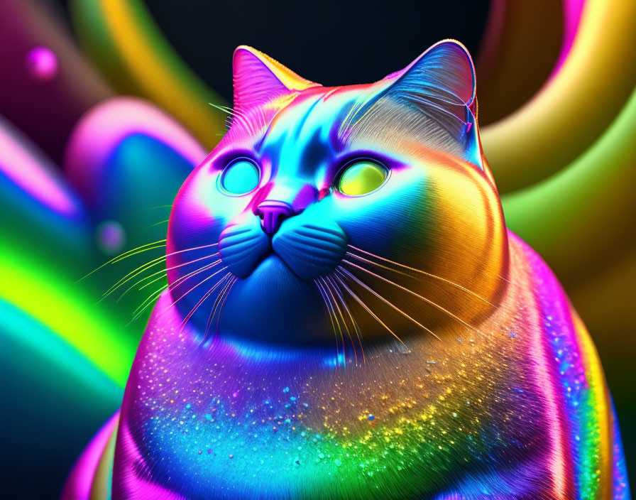 Multicolored shiny cat with cosmic texture on radiant swirling background