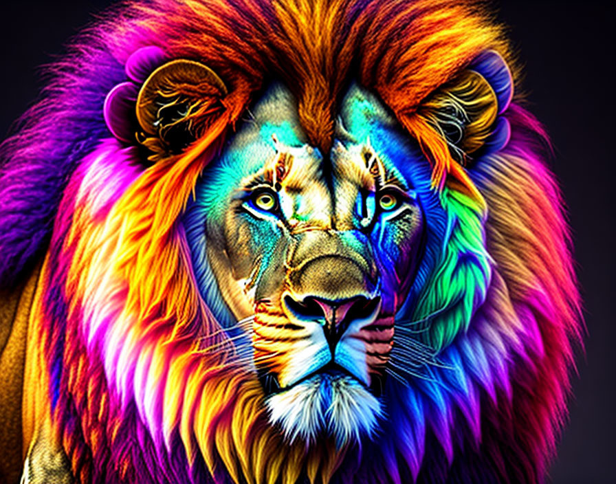 Vibrant neon-hued lion digital art piece