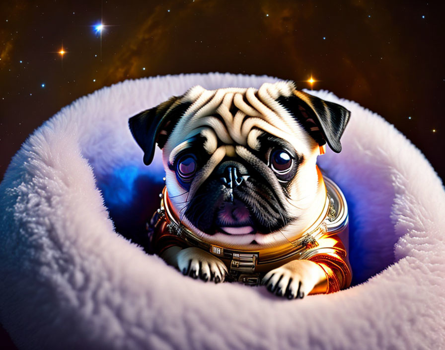 Adorable pug in astronaut suit in fluffy ring against starry space background