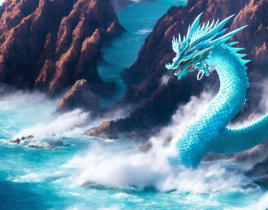 Blue dragon flying over misty rocky coastline