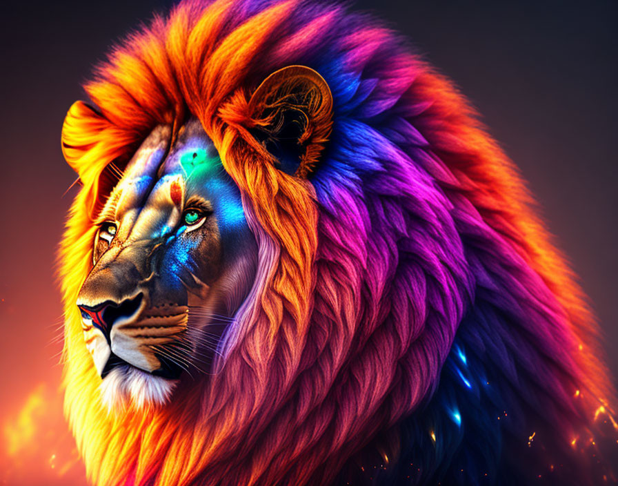 Vibrant lion with rainbow mane on fiery nebula backdrop