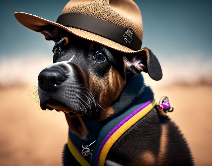 Brown puppy in stylish hat and colorful collar with bell, looking sideways