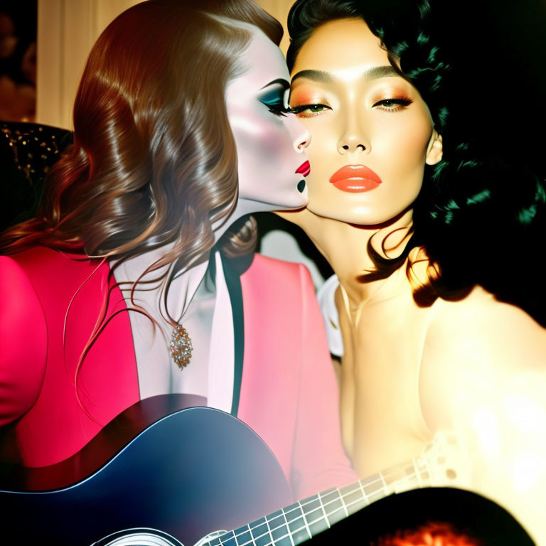 Stylized women in glamorous makeup and outfits with guitar, close together