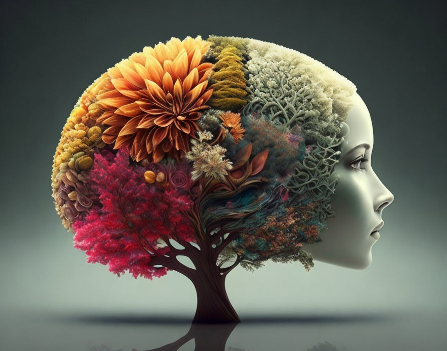 Human head profile with brain replaced by colorful tree and flowers symbolizing growth.