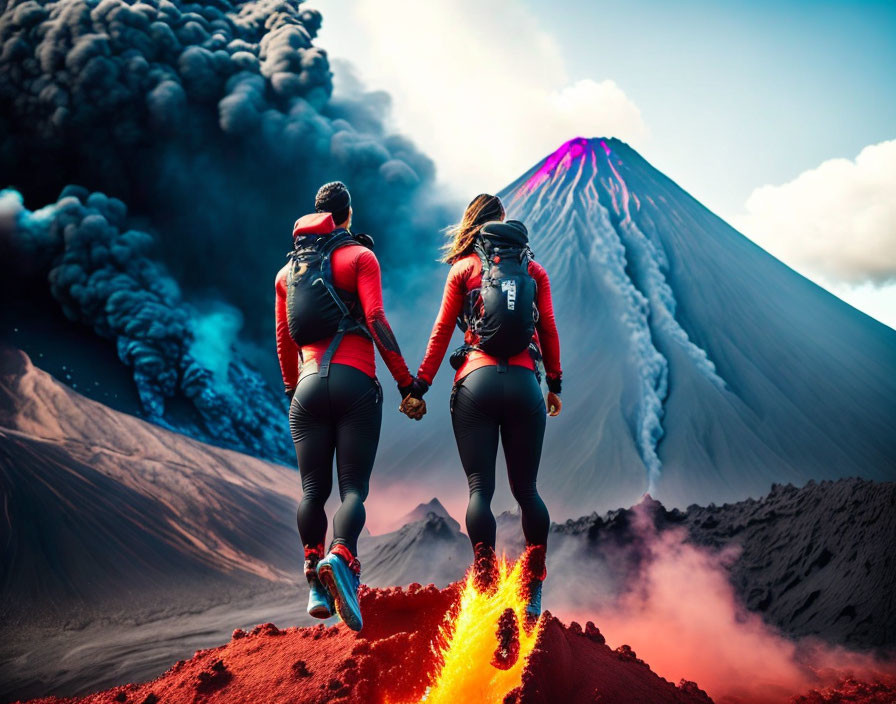 Two individuals in red and black attire walking towards erupting volcano