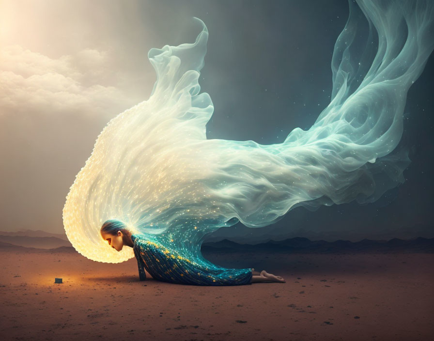 Surreal image: woman in flowing dress transforms into light wave in desert landscape