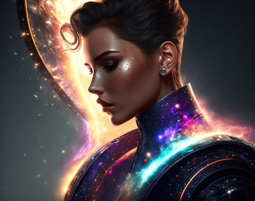 Cosmic-themed digital art portrait of a woman