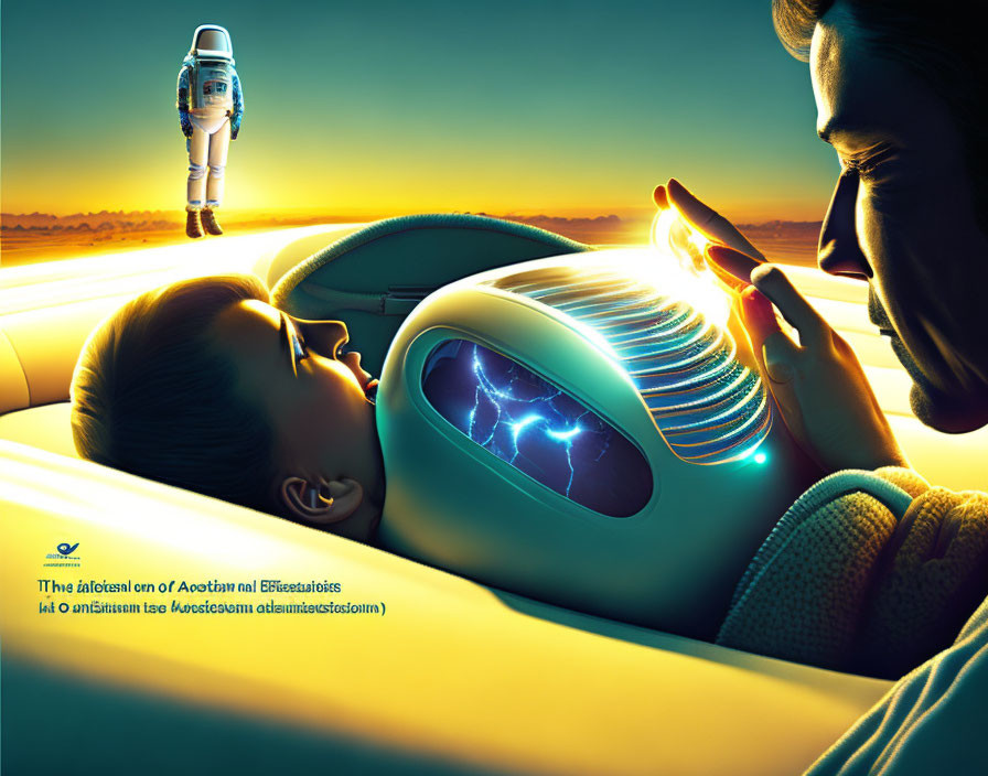 Futuristic image of man, child, and miniature astronaut with electric car engine.