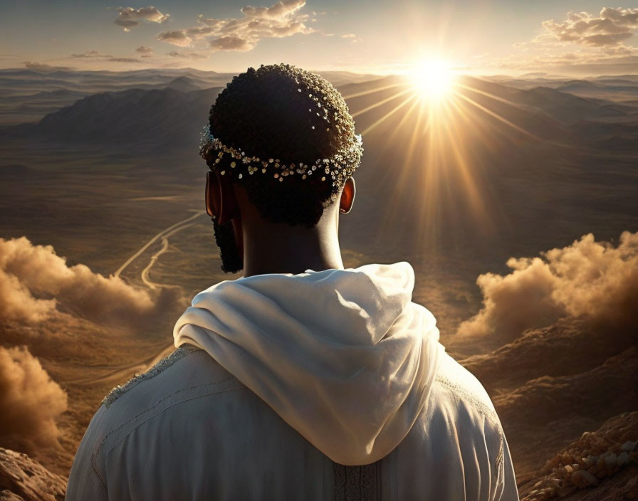 White-Attired Individual Watching Sunset Over Mountainous Landscape