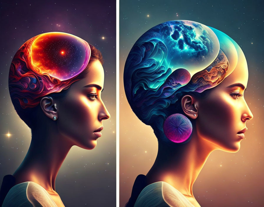 Vibrant cosmic digital art featuring two profiles of a woman with integrated universe elements.