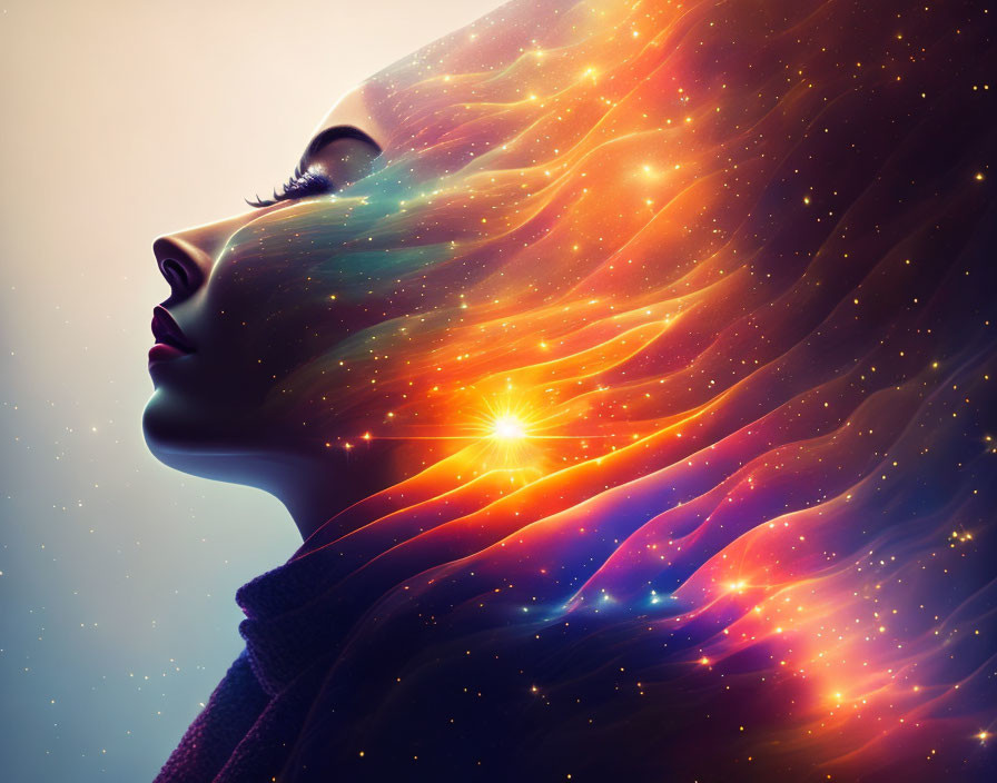 Portrait of woman with flowing hair against cosmic backdrop and twinkling stars.