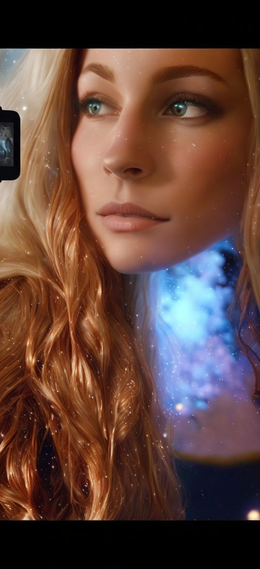 Blonde Woman with Green Eyes in Galaxy Reflection