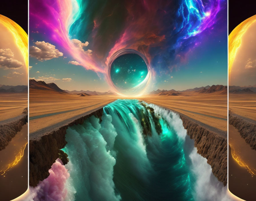 Fantastical desert landscape with celestial portal and cosmic clouds