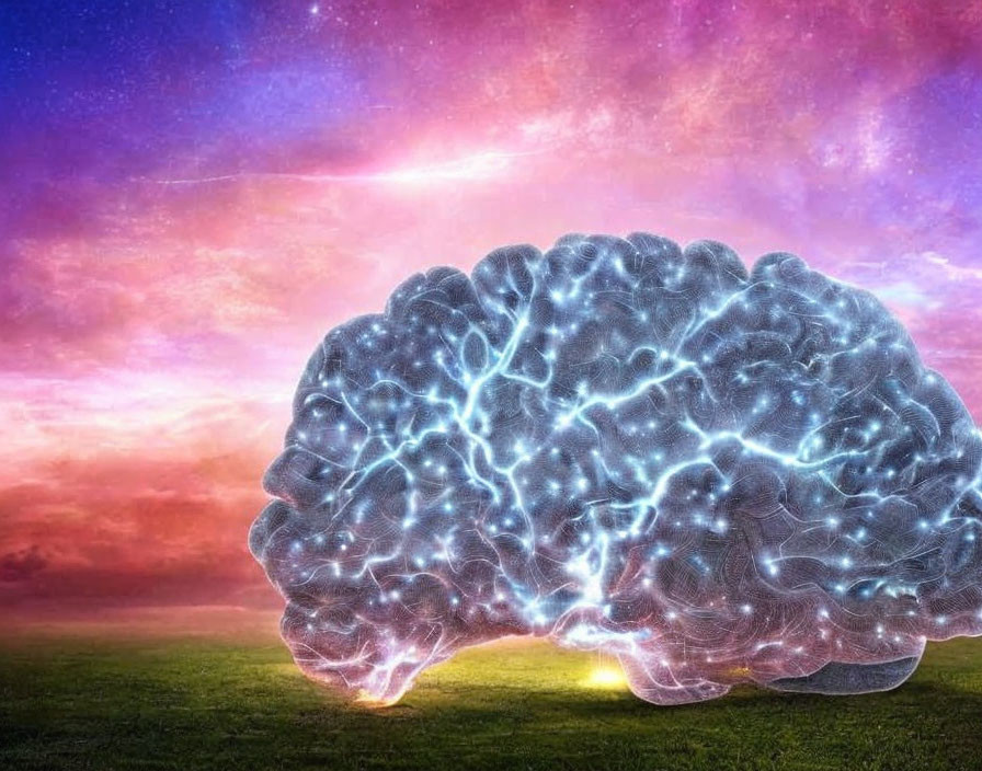 Digital illustration: Glowing human brain on twilight sky & green grass