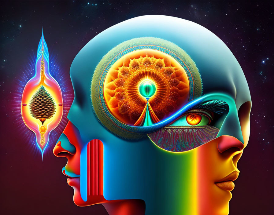 Vibrant digital artwork of two faces with glowing brain nucleus