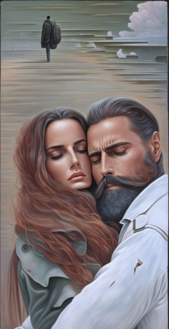 Romantic painting of embracing couple with serene expressions