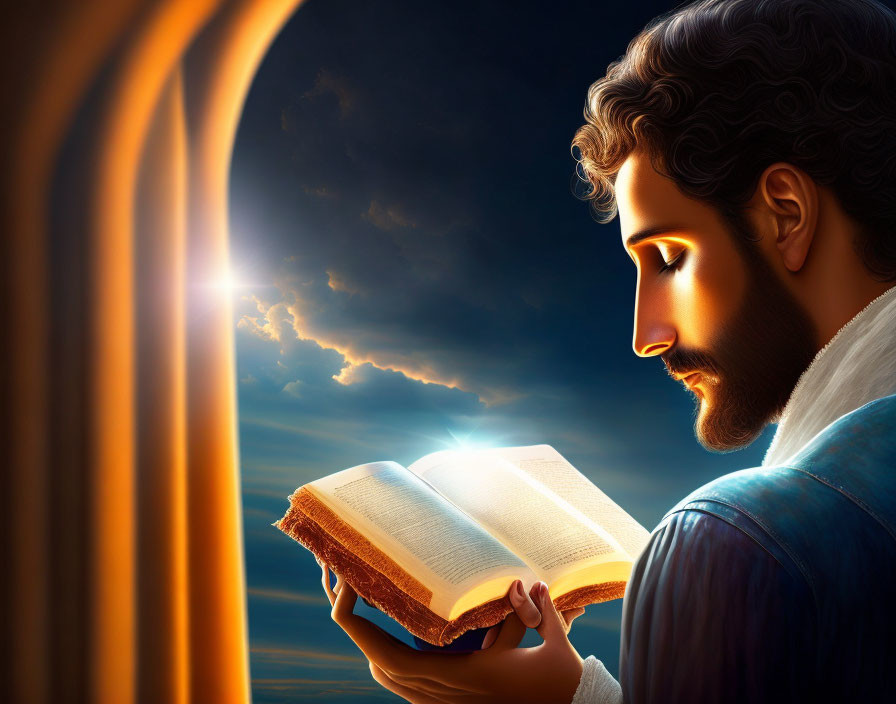 Bearded man in blue robe reading glowing book under dramatic sky