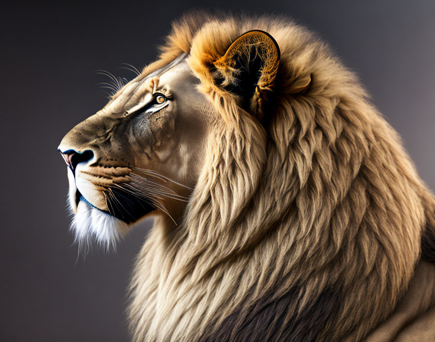 Majestic lion with full mane and piercing eyes on dark background