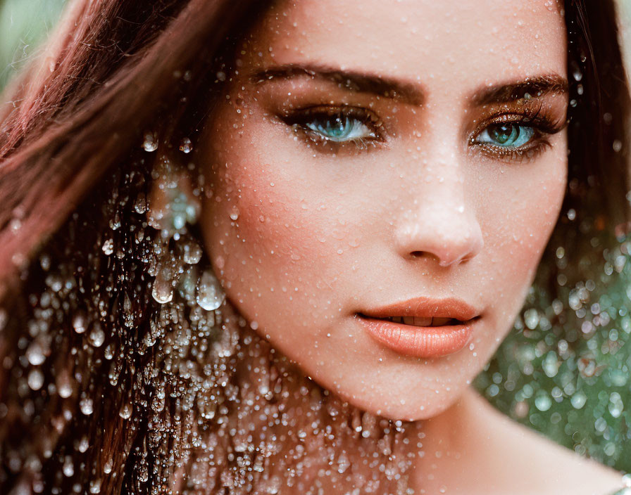 Portrait of woman with water droplets, blue eyes, and makeup in natural light