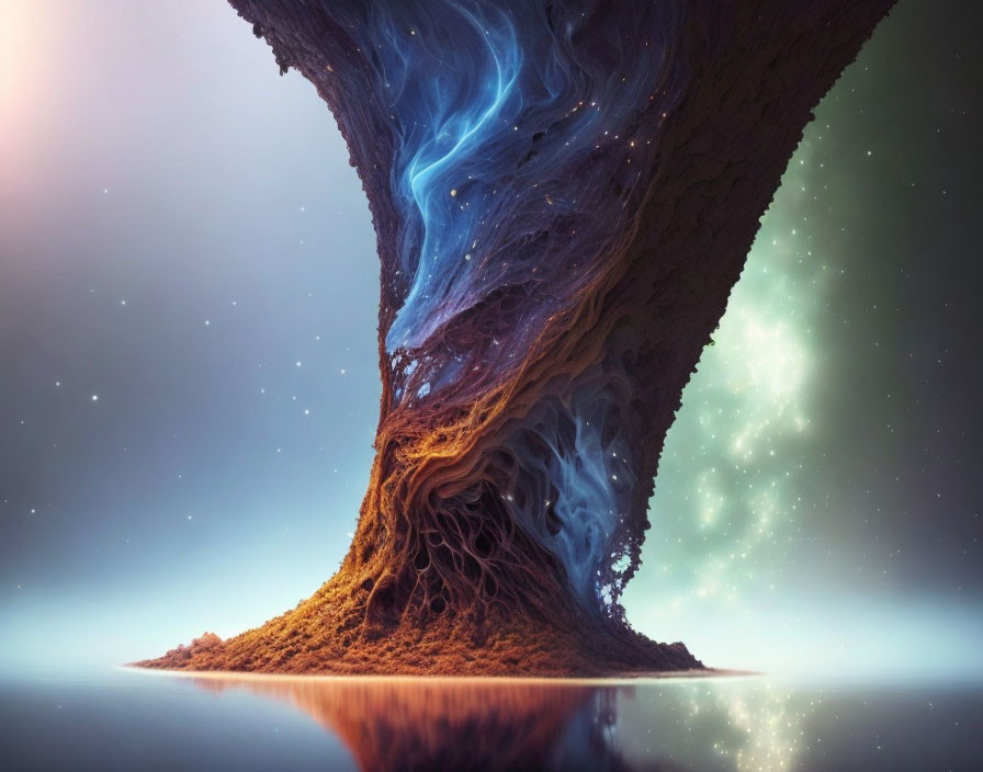 Surreal landscape with tree-like structure and swirling blue energy above calm water and starry sky