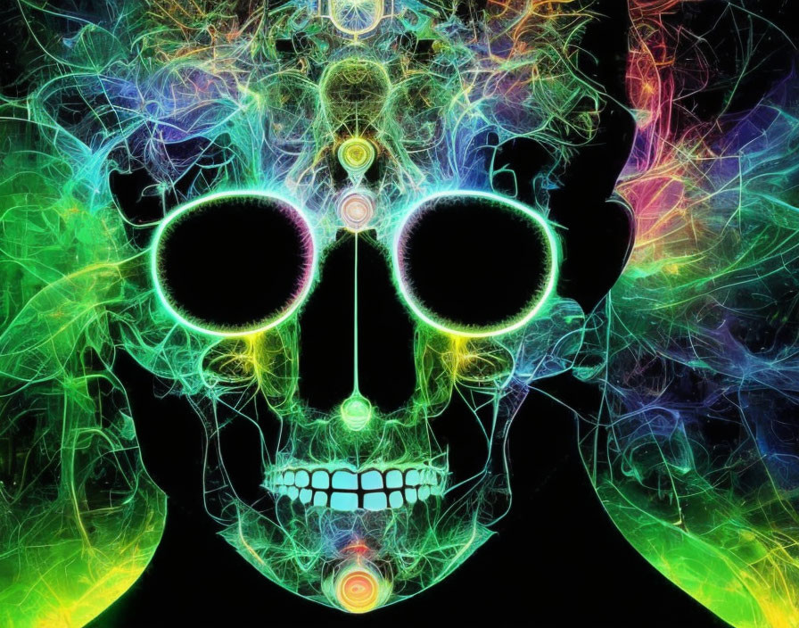 Colorful neon skull art with fractal patterns on black background